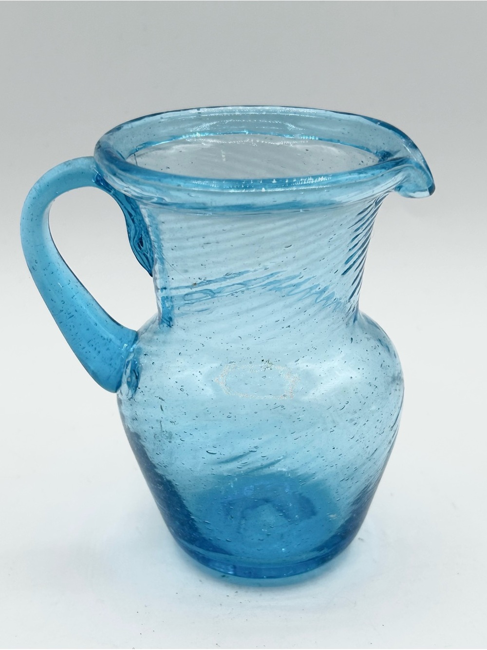Vintage Hand Blown Glass Mini Pitcher Ribbed Edge Uncontrolled Bubbles Pontil